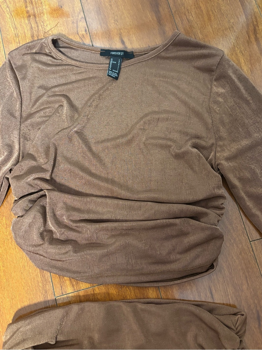 Forever 21 Brown Ruched Two-Piece Skirt Set | Long Sleeve Crop Top | - Picture 7 of 11